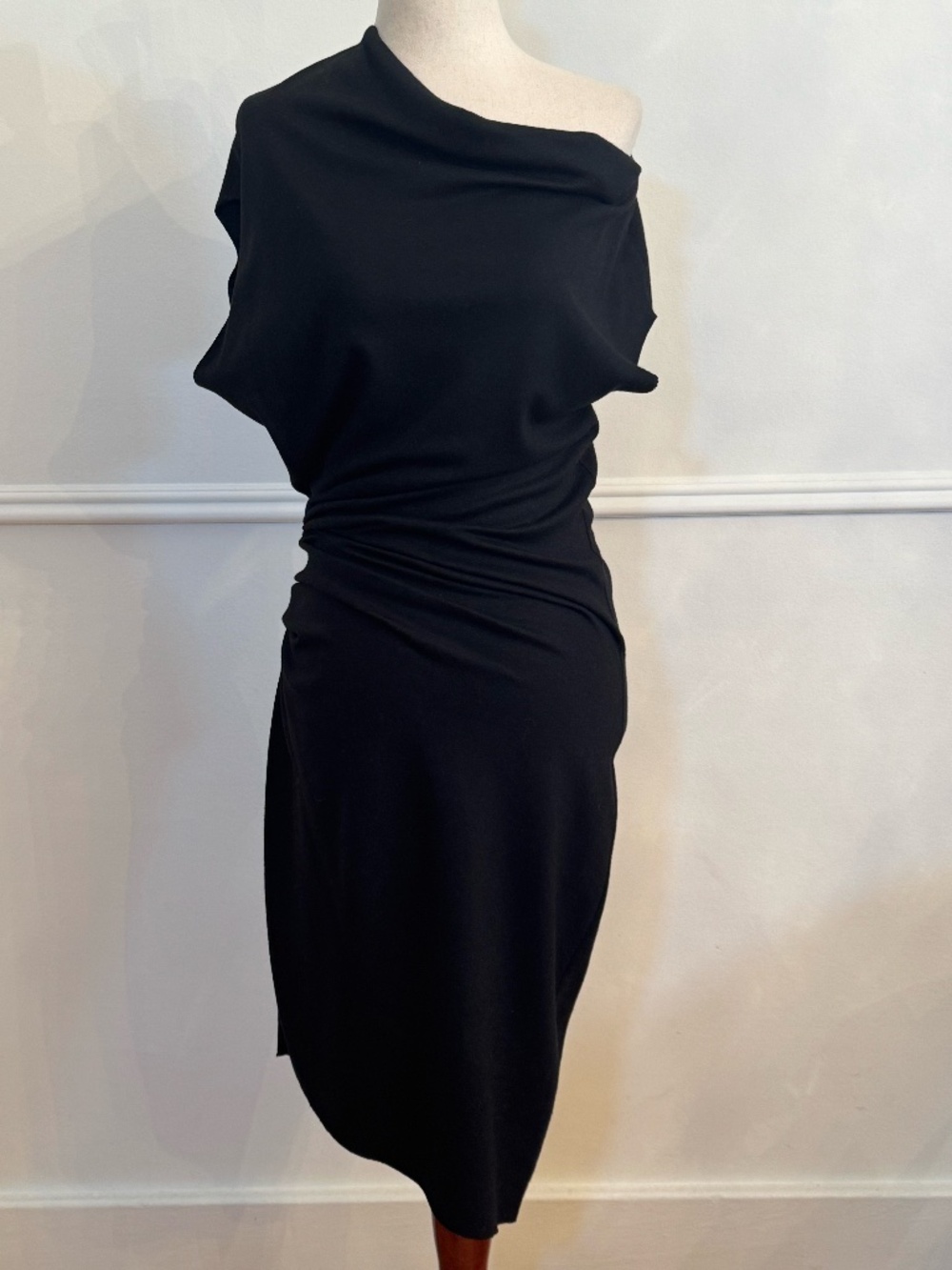 Helmut Lang Black Wool Jersey Asymmetric Draped Ruched Midi Dress Made in USA M